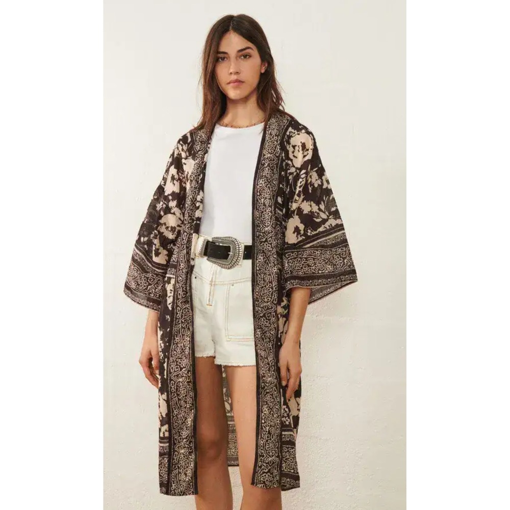 Ba&sh Lady Kimono Women's Floral Black Cream Duster Kaftan Cotton Medium Boho